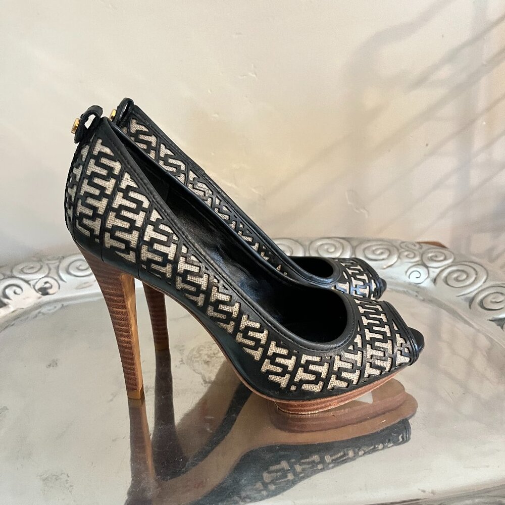 NEW TORY BURCH Regan Black Leather/Linen Peep-Toe T Logo Platform Heel Pumps 9.5
